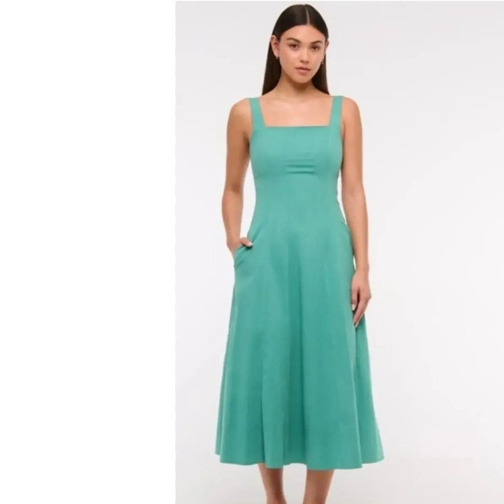 Abercrombie & Fitch Emerson Poplin Midi Dress Green Square Neck Pockets XS NEW
